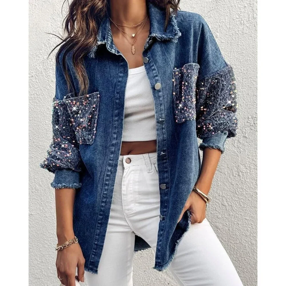 Women's Casual Denim Jacket Contrast Sequin Long Sleeve Denim Jackets Blue - Picture 6 of 7